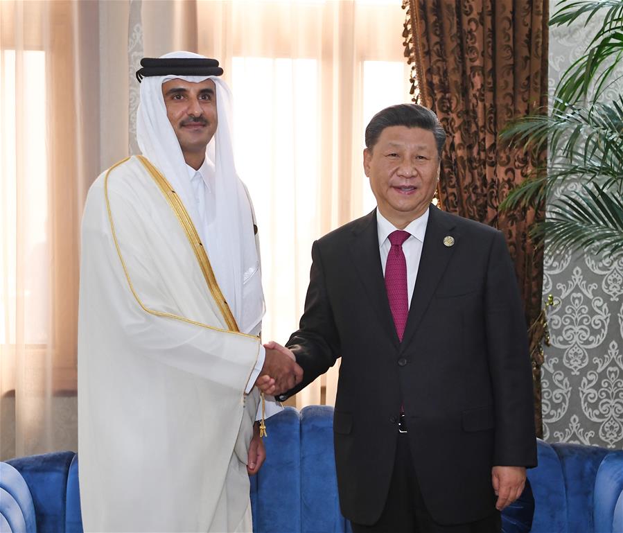 TAJIKISTAN-DUSHANBE-XI JINPING-QATARI EMIR-MEETING