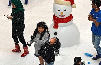 Children play in artificial snow park in Indonesia